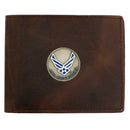U.S. Air Force Licensed Genuine Brown Leather Bifold Wallet with Medallion
