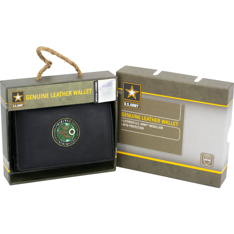 U.S. Army Licensed Genuine Black Leather Trifold Wallet with Medallion