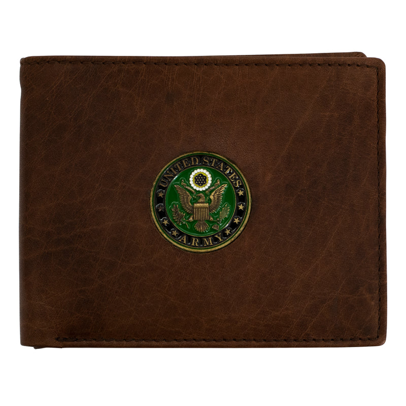 U.S. Army Licensed Genuine Brown Leather Bifold Wallet with Medallion