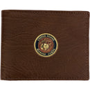 U.S. Marine Licensed Genuine Brown Leather Bifold Wallet with Medallion