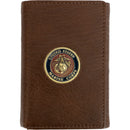 U.S. Marine Licensed Genuine Brown Leather Trifold Wallet with Medallion