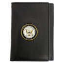 U.S. Navy Licensed Genuine Black Leather Trifold Wallet with Medallion