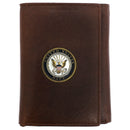 U.S. Navy Licensed Genuine Brown Leather Trifold Wallet with Medallion