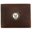 U.S. Navy Licensed Genuine Brown Leather Bifold Wallet with Medallion