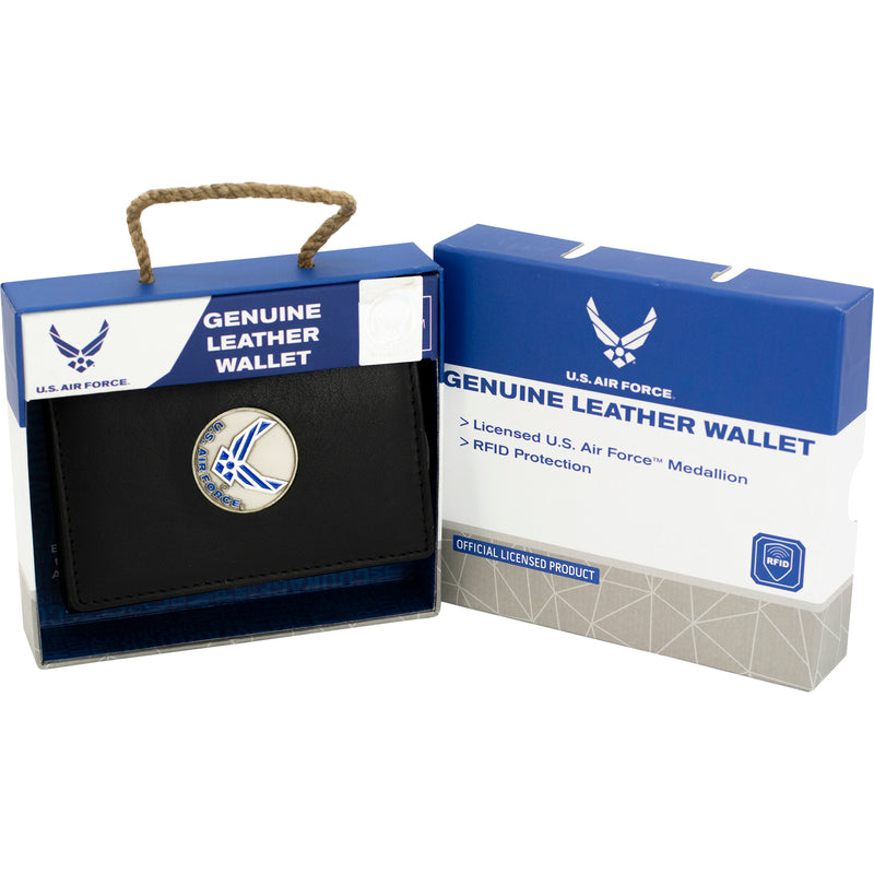 U.S. Air Force Licensed Genuine Black Leather Trifold Wallet with Medallion