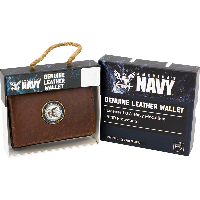U.S. Navy Licensed Genuine Brown Leather Trifold Wallet with Medallion